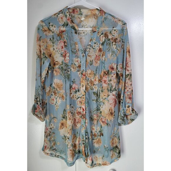 PerSeption Concept Tops - PERSEPTION CONCEPT Women's SZ Large Sheer Button Up Floral Blouse Top